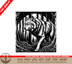 Wolf in Woodland Shadows Digital Design File (SVG, PNG, JPG, AI, PDF, DXF, EPS, WebP) 
