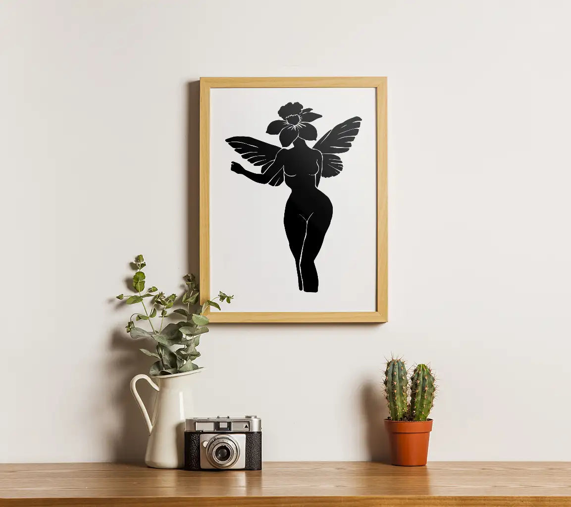  Woman with Wings & Flower SVG - Minimalist Linocut Illustration SVG