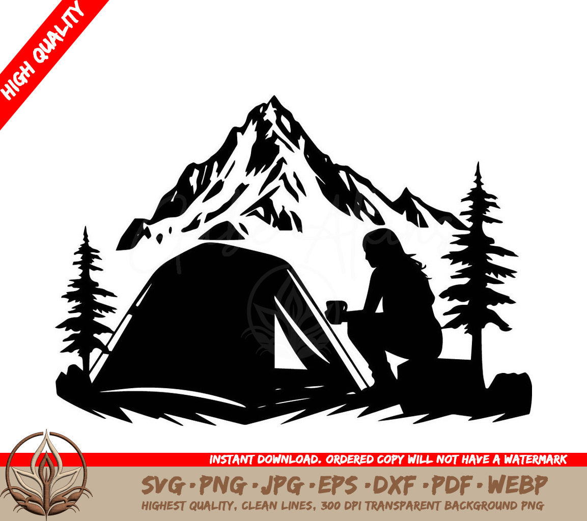 Woman Camping Digital Design File in Multiple Formats 
