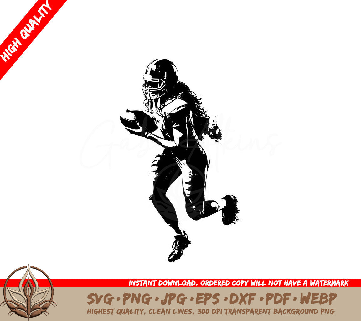 Woman Catching Football Digital Design in SVG, PNG, JPG, AI, PDF, DXF, EPS and WebP Formats 
