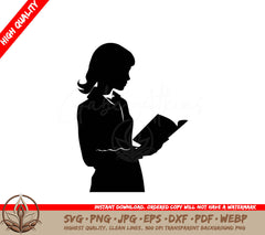 Woman Reading Book Digital Design in SVG, PNG, JPG, AI, PDF, DXF, EPS and WebP Formats 
