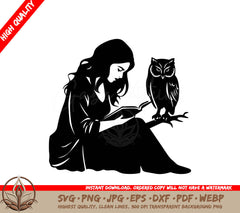  A Woman Reading A Book Next To An Owl SVG - Woman and Wise Owl SVG