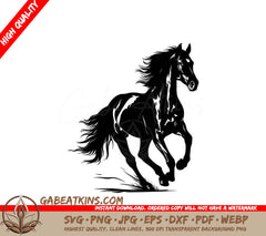  A Horse Running SVG - a black and white drawing of a horse running in the grass SVG