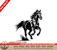 A Horse Running SVG - a black and white drawing of a horse running in the wild SVG