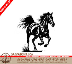  A Horse Running SVG - a black and white drawing of a horse with a black and white background SVG