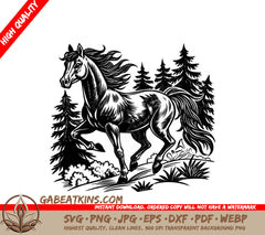 A Horse Running In The Woods SVG - a black and white drawing of a horse with a black mane SVG