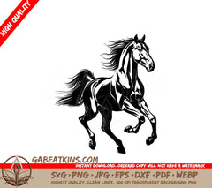  A Horse Running SVG - a black and white drawing of a horse with a black mane and tail SVG