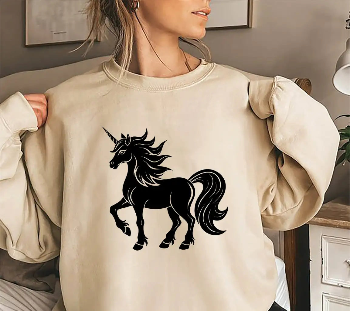 A Black And White Drawing Of A Unicorn With A Black Tail