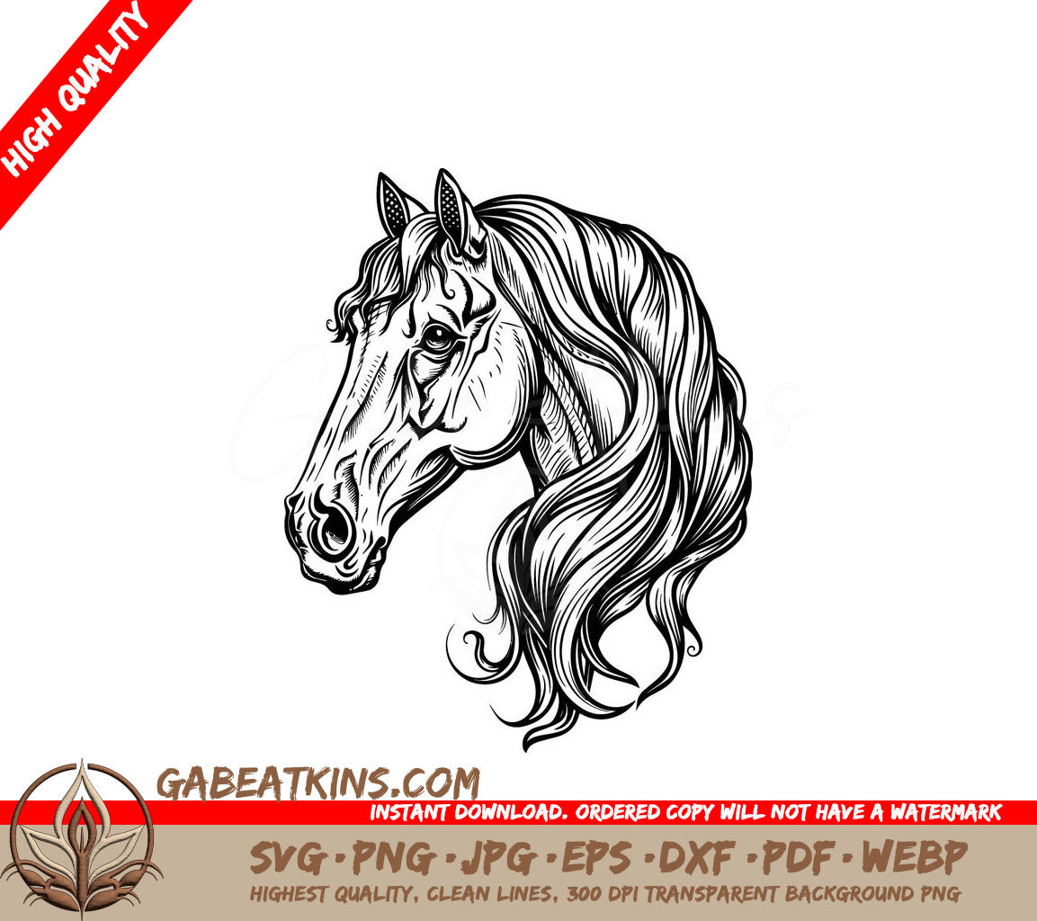  A Horses Head With A Long Mane SVG - a drawing of a horse with a long mane and long mane SVG