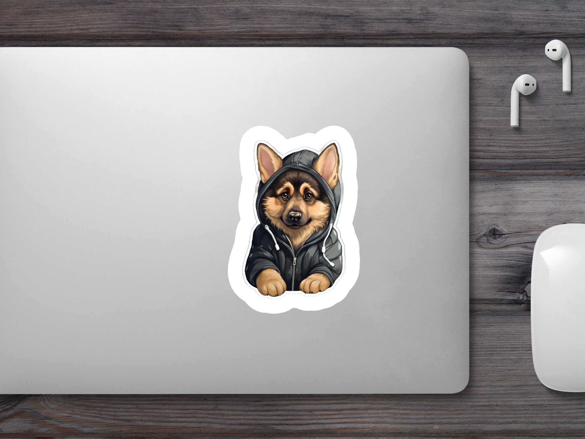 Cute Sticker German Shepherd Puppy Wearing a Dark Hoodie - Gabe Atkins Designs