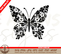 Butterfly SVG: Blooming Spring - Floral Winged Butterfly Drawing SVG