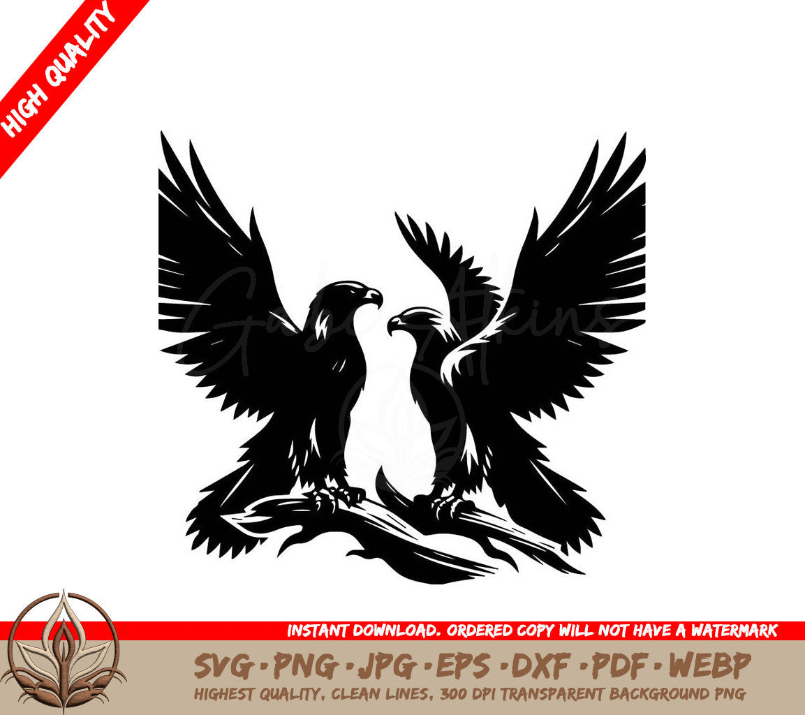 Two Eagles Are Sitting On A Tree Branch With Their Wings Outstretched