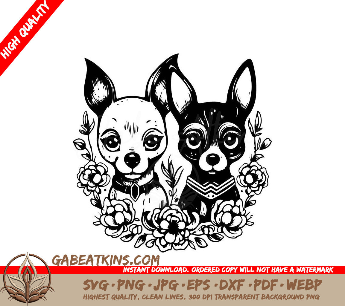 Chihuahua Flower Bouquet SVG - Flat Design Dog Illustration SVG