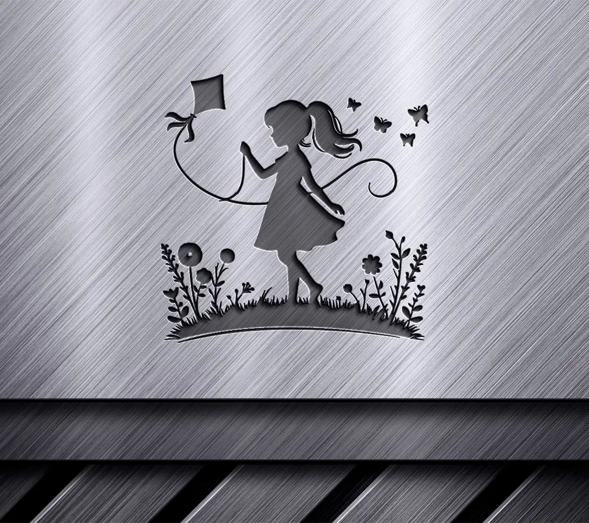 Little Girl Flying Kite in Flower Field - Silhouette SVG SVG