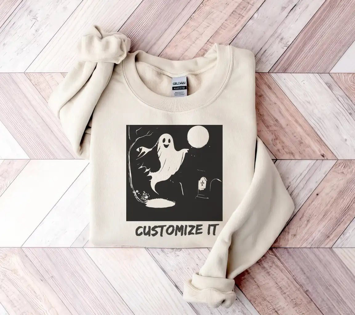 Halloween Ghost Flying Over Cemetery SVG -  Drawing SVG
