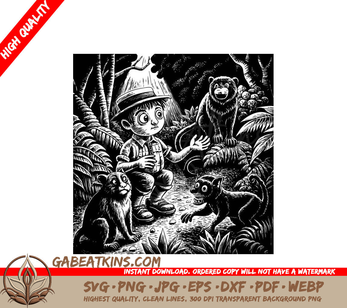  Boy & Monkeys Cartoon Mascot SVG Illustration SVG